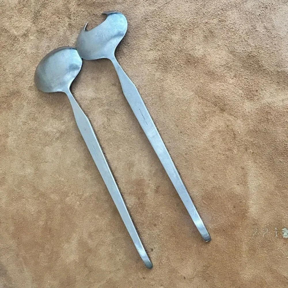 Vintage MCM Salad Serving Spoons Japan Solid Stainless Steel Utensils Set 11”